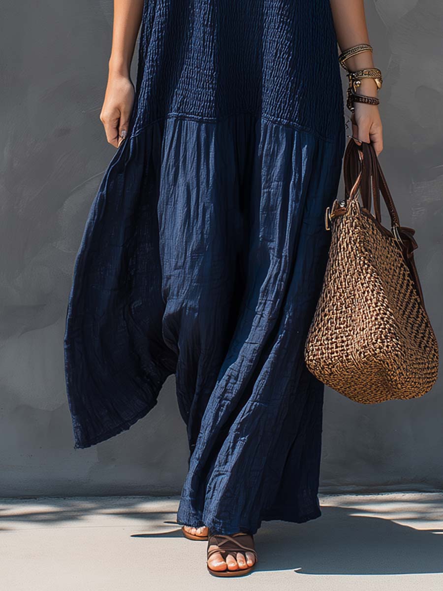 Robe longue bohème en coton et lin patchwork