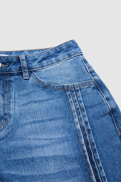 Wash Seam Front Mid Rise Straight Leg Jeans Without Belt