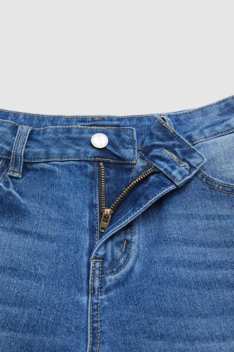 Wash Raw Hem Mid Waist Straight Leg Crop Jeans Without Belt