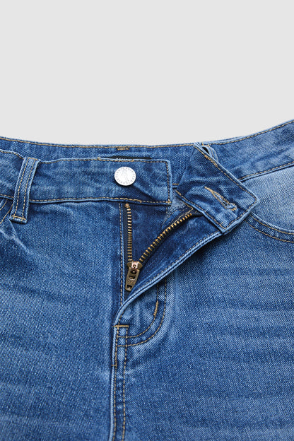 Wash Raw Hem Mid Waist Straight Leg Crop Jeans Without Belt