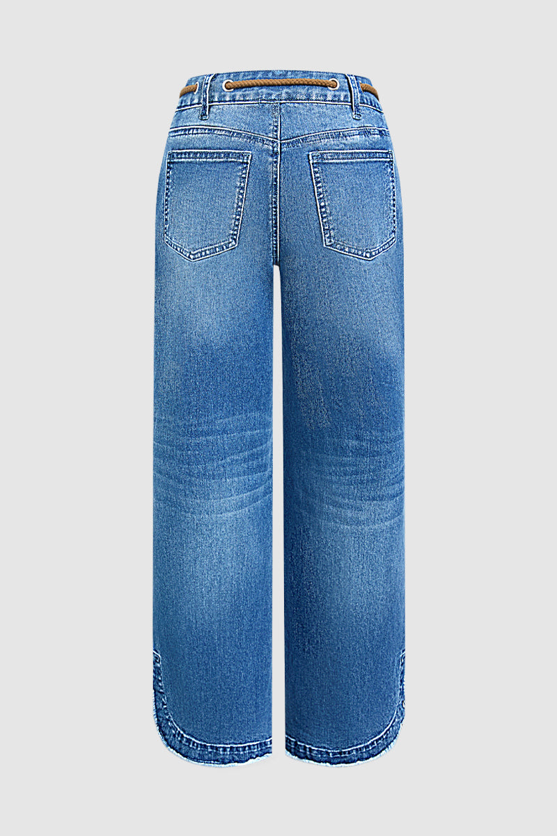 Drawstring Raw Hem Split Mid Waist Wide Leg Jeans