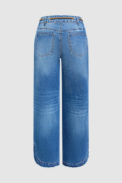 Drawstring Raw Hem Split Mid Waist Wide Leg Jeans