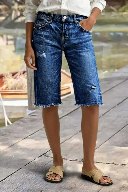 Raw Hem Ripped High Waist Denim Bermuda Shorts