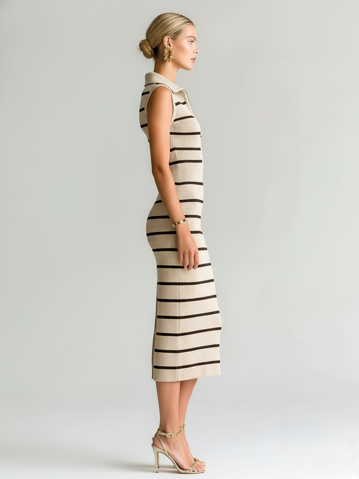 Stylish Elegant Beige Striped Lapel Collar Zipper-Front Sleeveless Slim-Fit Ribbed Knit Midi Dress