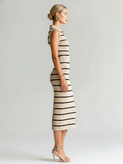 Stylish Elegant Beige Striped Lapel Collar Zipper-Front Sleeveless Slim-Fit Ribbed Knit Midi Dress