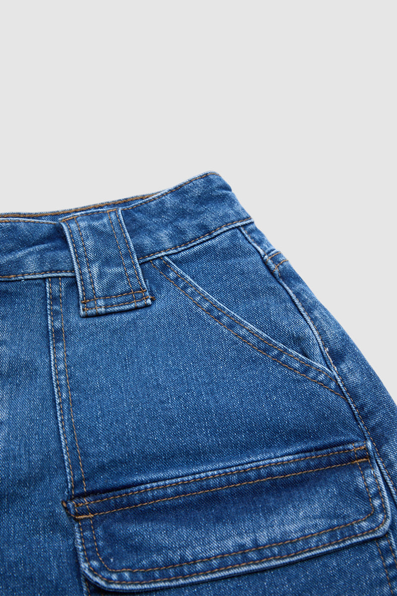 Wash Flap Pocket Mid Rise Denim Shorts