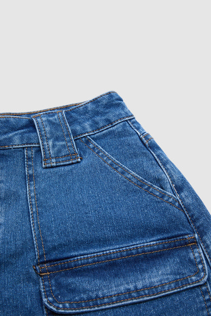 Wash Flap Pocket Mid Rise Denim Shorts