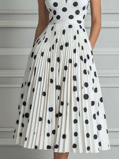 Vintage-Inspired Polka Dot Halter Pleated Midi Dress