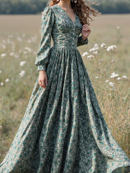 Robe longue en lin, manches longues, col en V, motif floral, boutonnée, style vintage, verte