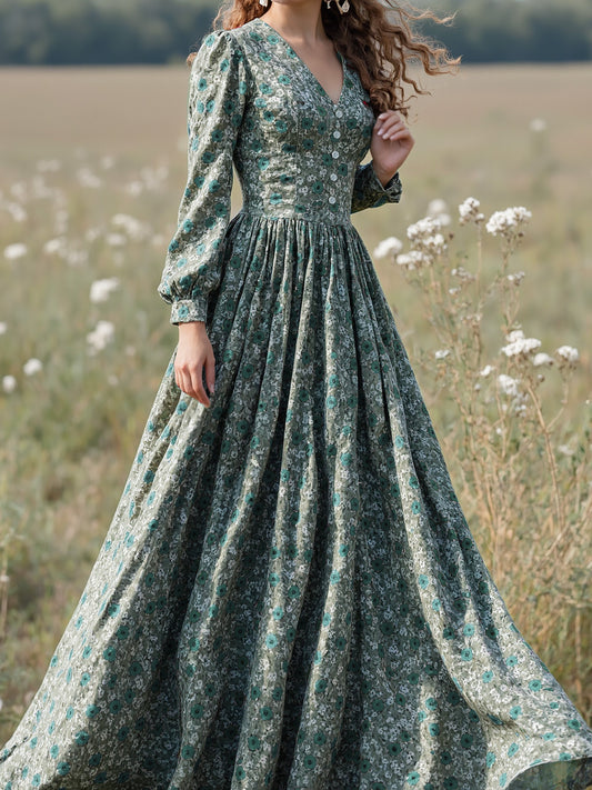 Robe longue en lin, manches longues, col en V, motif floral, boutonnée, style vintage, verte