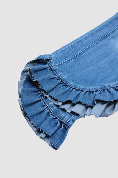 Split Ruffle Hem Flap Pocket Mid Waist Straight Leg Cropped Jeans
