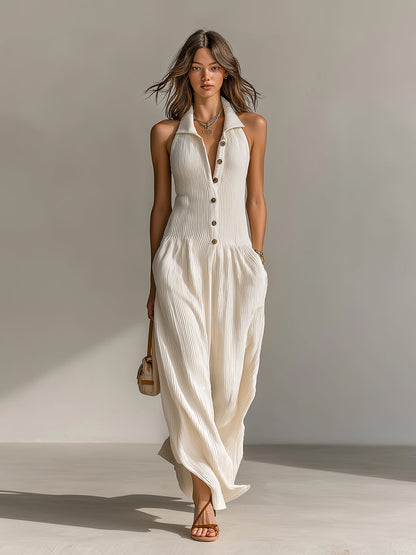 Chic Elegant Cream White Lapel Collar Button-Front Sleeveless Tailored Waist Loose-Fit Ribbed Knit Maxi Dress