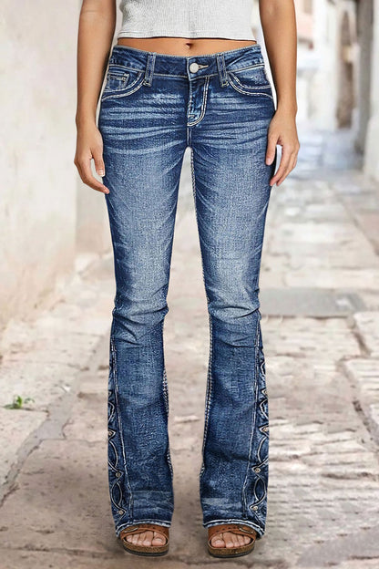 Wash Studded Side Mid Waist Bootcut Jeans Without Belt