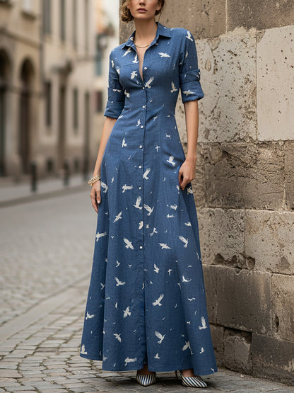 Robe longue en lin, manches longues, col châle, oiseau, boutons décoratifs, vintage, bleue
