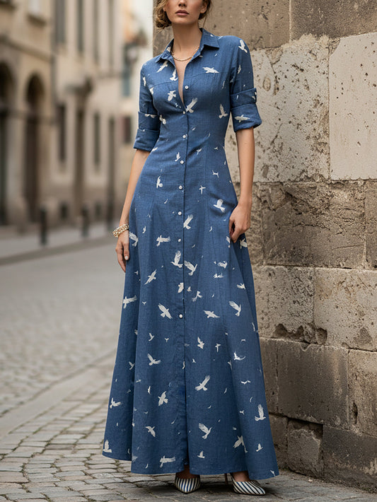Robe longue en lin, manches longues, col châle, oiseau, boutons décoratifs, vintage, bleue