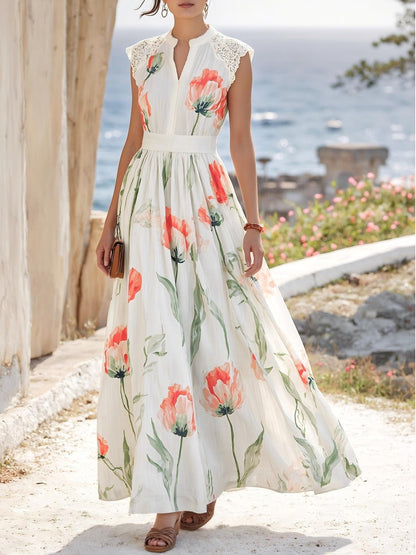 Robe longue en lin, sans manches, col en V, florale, en dentelle, vacances, vintage, corail