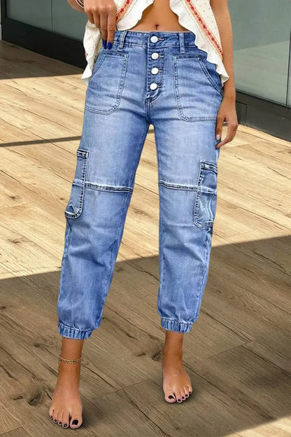 Multi Pocket Button Fly Mid Rise Straight Leg Crop Jeans Without Belt