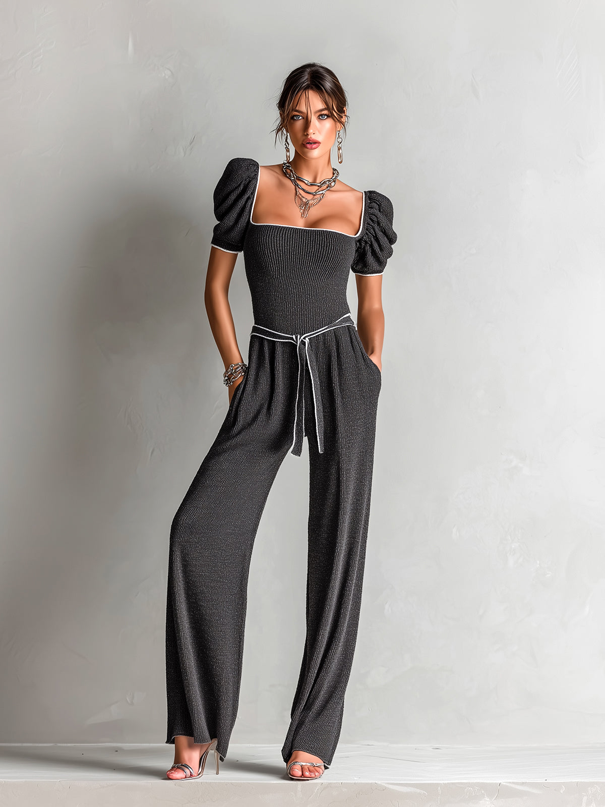 Chic Elegant Gray Square Neck Short Puff Sleeve Contrast Trim Detail Belted Wide Leg Ribbed Knit Jumpsuit