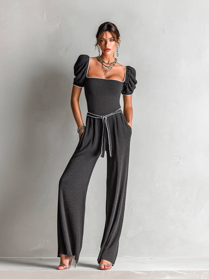 Chic Elegant Gray Square Neck Short Puff Sleeve Contrast Trim Detail Belted Wide Leg Ribbed Knit Jumpsuit