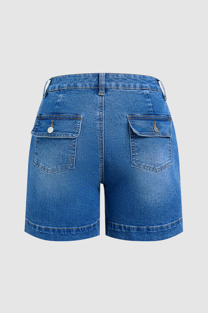 Wash Flap Pocket Split Hem Mid Rise Mid Thigh Denim Shorts Without Belt