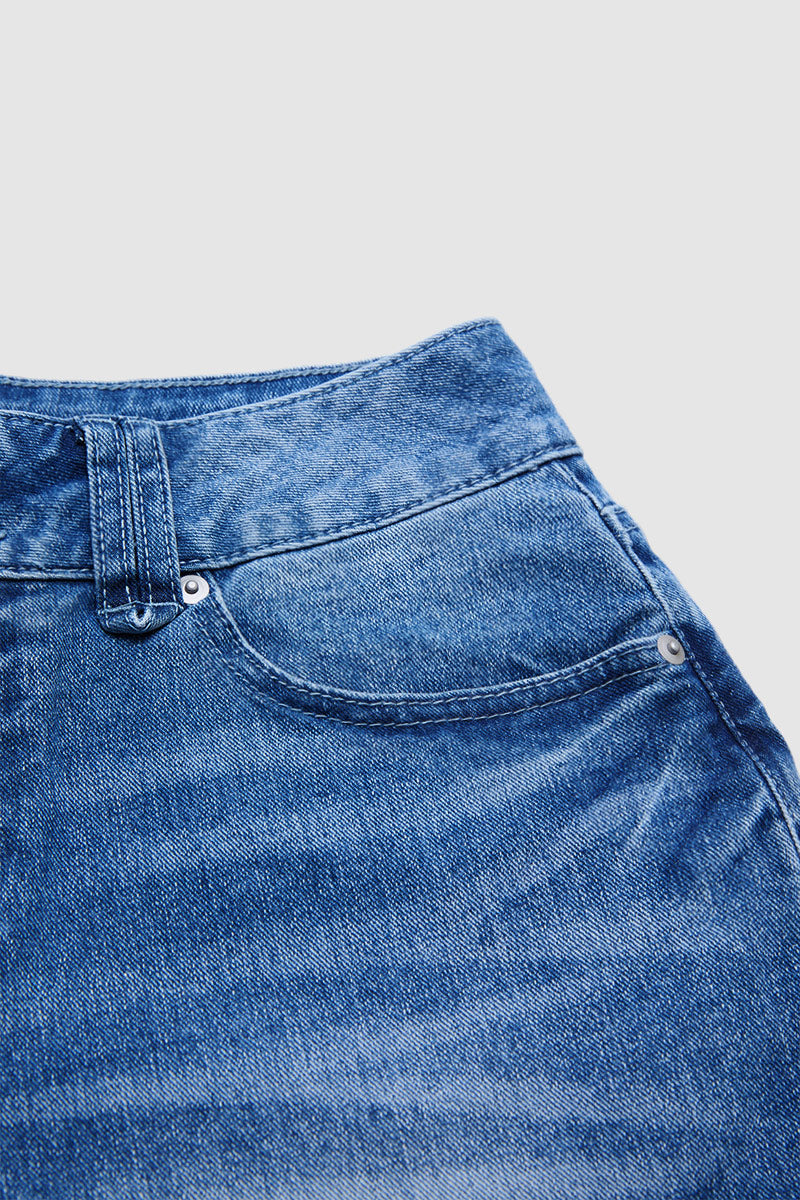 Wash Split Hem Dual Button Mid Rise Wide Leg Jeans