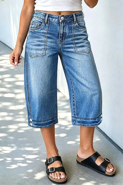 Wash Button Decor Mid Waist Barrel Leg Capri Jeans