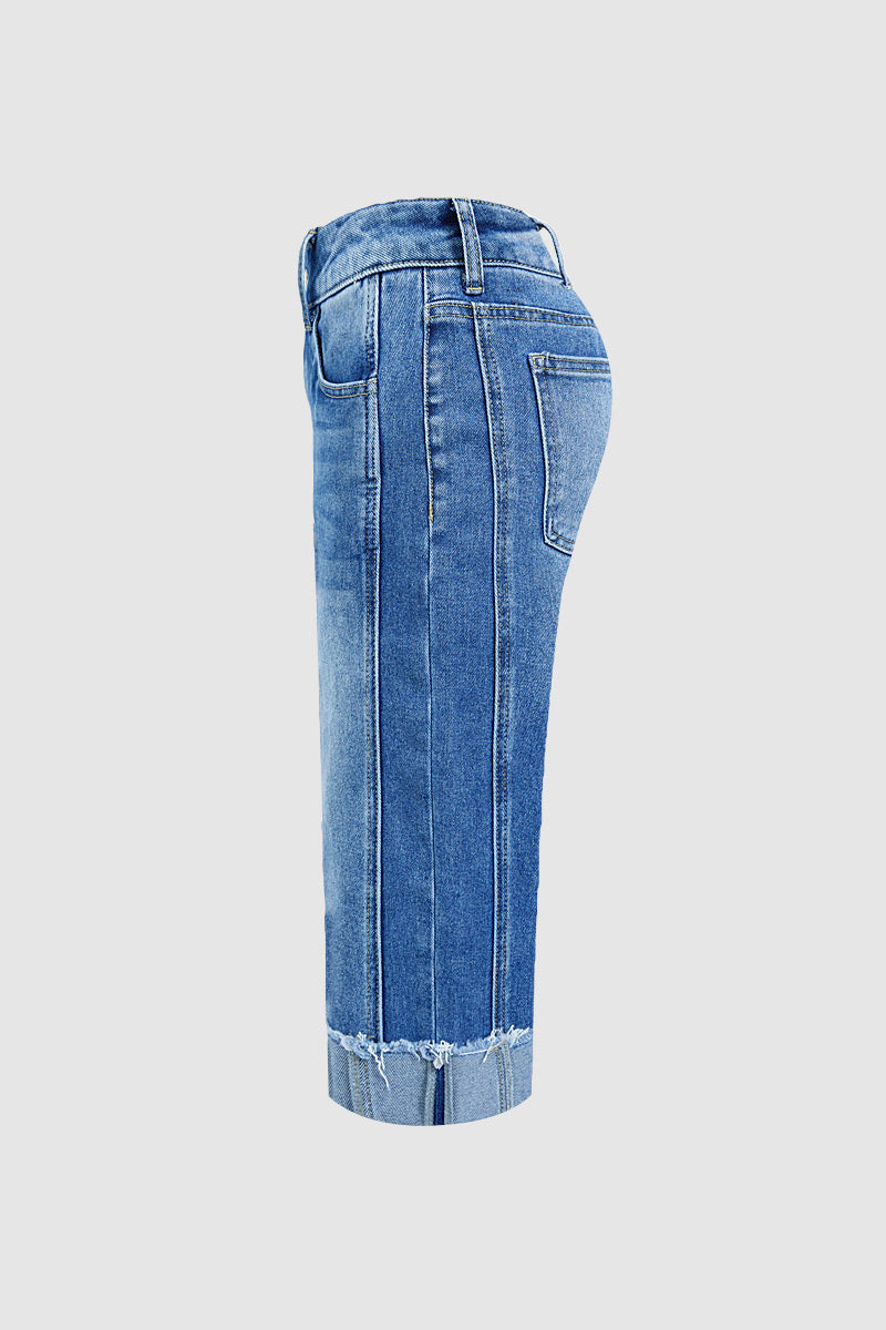 Seam Front Raw Hem High Rise Denim Bermuda Shorts Without Belt