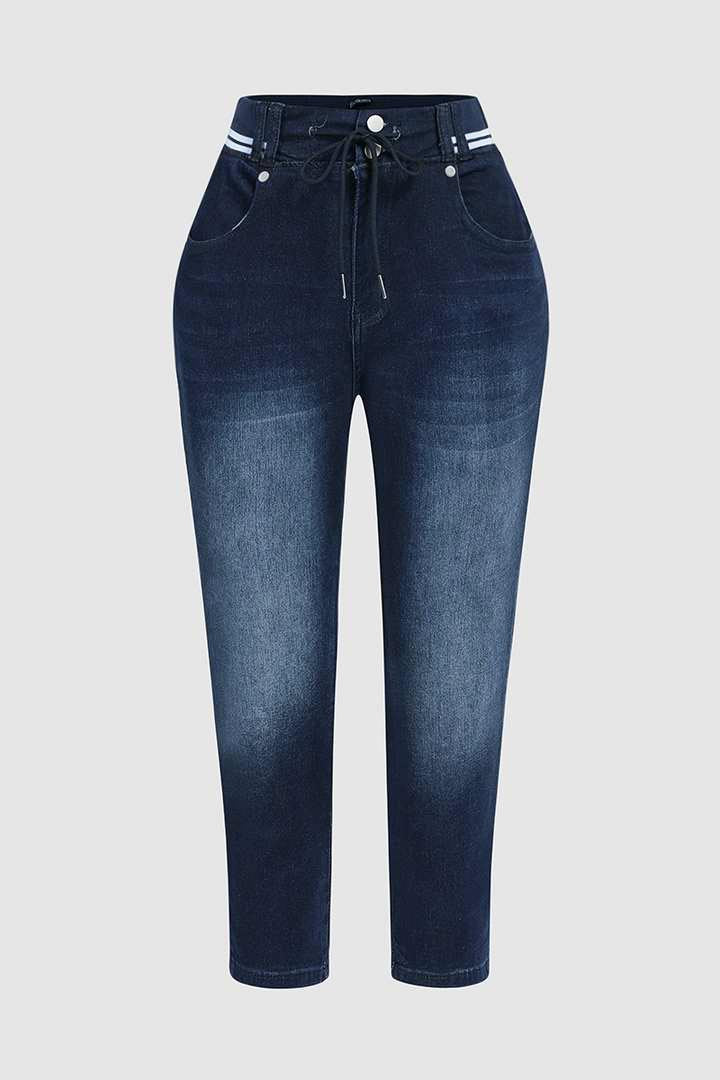 Wash Contrast Binding Double Button Drawstring Mid Waist Capri Jeans