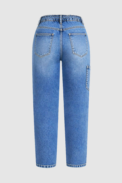 Patch Pocket Button Hem Belted Elastic Waistband Mid Rise Straight Leg Crop Jeans