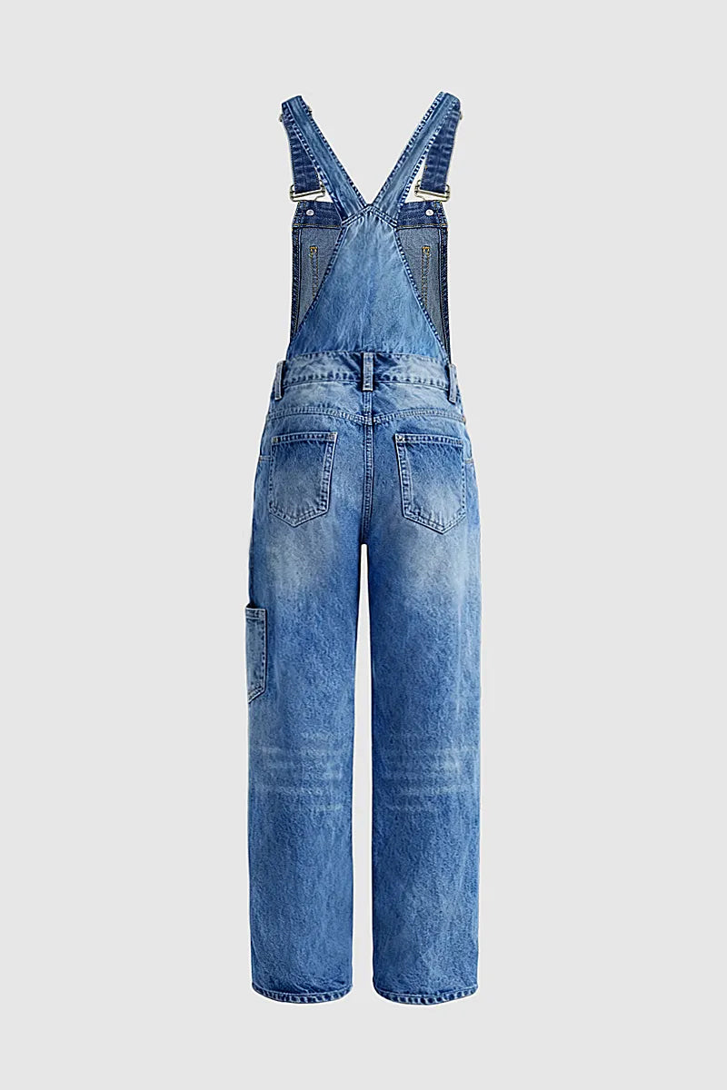 Wash Multi Pocket Mid Waist Straight Leg Overalls