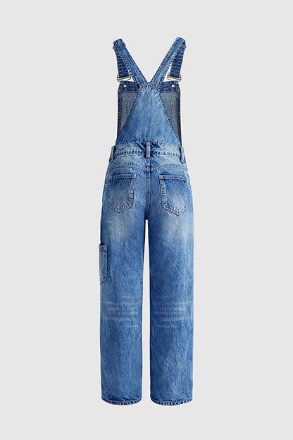 Wash Multi Pocket Mid Waist Straight Leg Overalls
