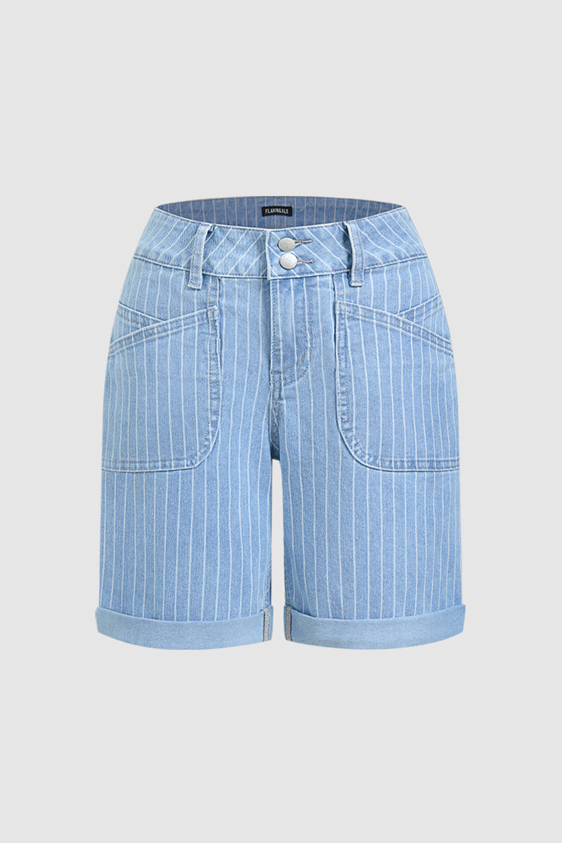 Pinstriped Roll Hem Mid Waist Denim Mid Thigh Shorts