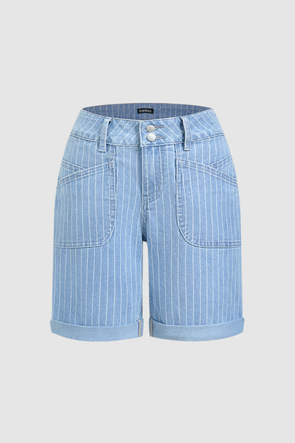 Pinstriped Roll Hem Mid Waist Denim Mid Thigh Shorts