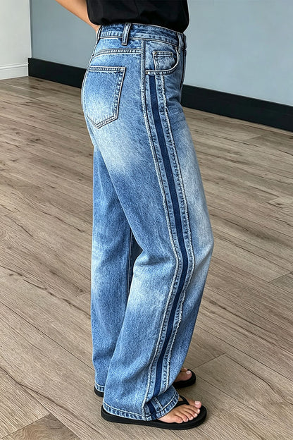 Wash Raw Seam Mid Waist Straight Leg Jeans