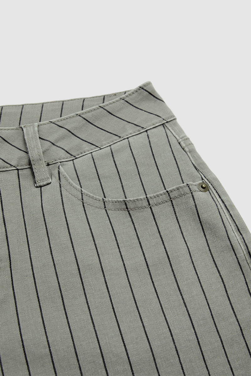 Pinstriped Roll Hem High Waist Straight Leg Cropped Pants Without Belt