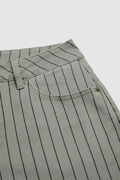 Pinstriped Roll Hem High Waist Straight Leg Cropped Pants Without Belt