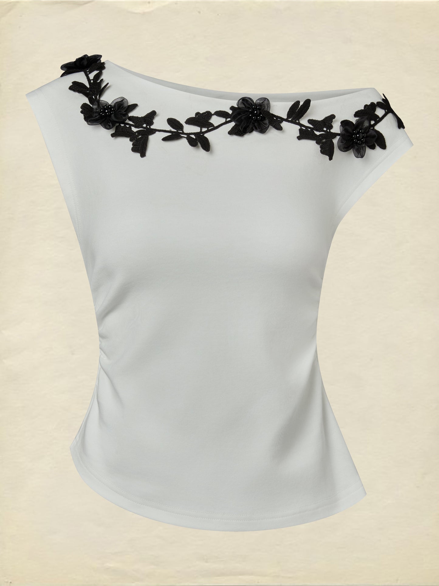 T-shirt en maille de coton, Manches courtes, Uni, Fleurs 3D, Style vintage français, Ivoire