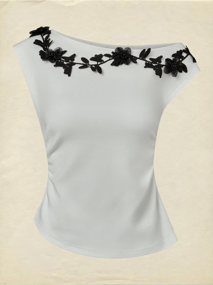 T-shirt en maille de coton, Manches courtes, Uni, Fleurs 3D, Style vintage français, Ivoire