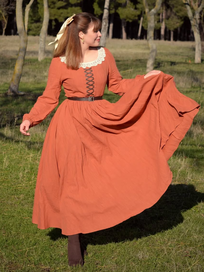 Robe longue en coton, manches longues, encolure carrée, coupe princesse, mélange de lin, orange