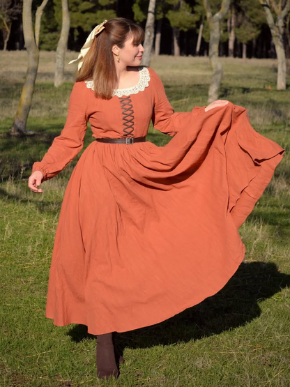 Robe longue en coton, manches longues, encolure carrée, coupe princesse, mélange de lin, orange