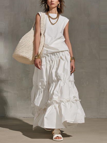 Robe longue étagée sans manches minimaliste couleur ivoire