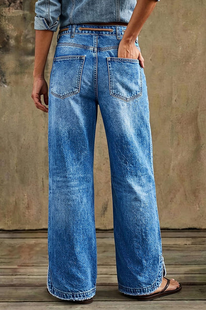 Drawstring Raw Hem Split Mid Waist Wide Leg Jeans