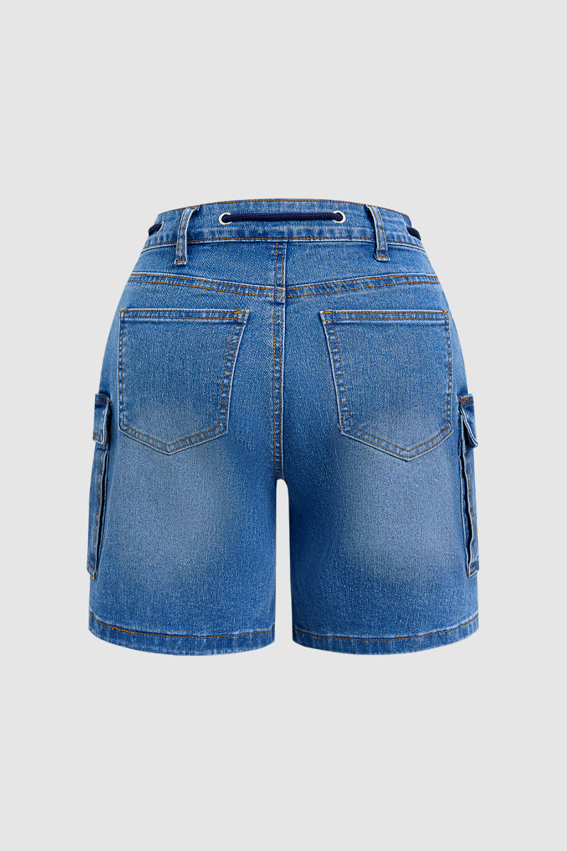 Wash Flap Pocket Drawstring High Rise Mid Thigh Denim Shorts