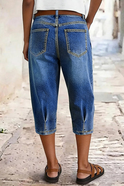 Wash Pleated Mid Rise Capri Tapered Jeans Without Belt