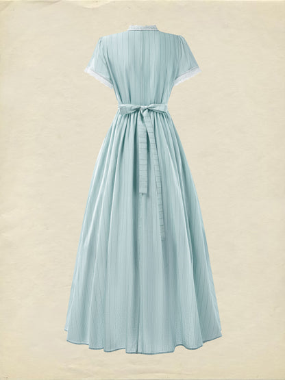 (TAILLE:XS-XXL)Robe longue, Vintage, Été, Naturel, Coupe trapèze, Col en dentelle, Manches courtes, Bleu