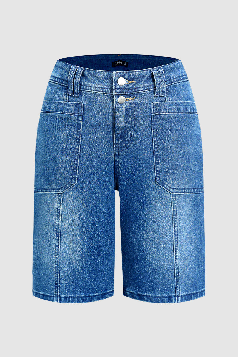 Wash Dual Button Stitch Detail Mid Waist Denim Bermuda Shorts