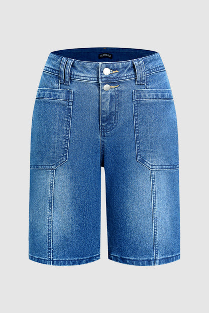 Wash Dual Button Stitch Detail Mid Waist Denim Bermuda Shorts