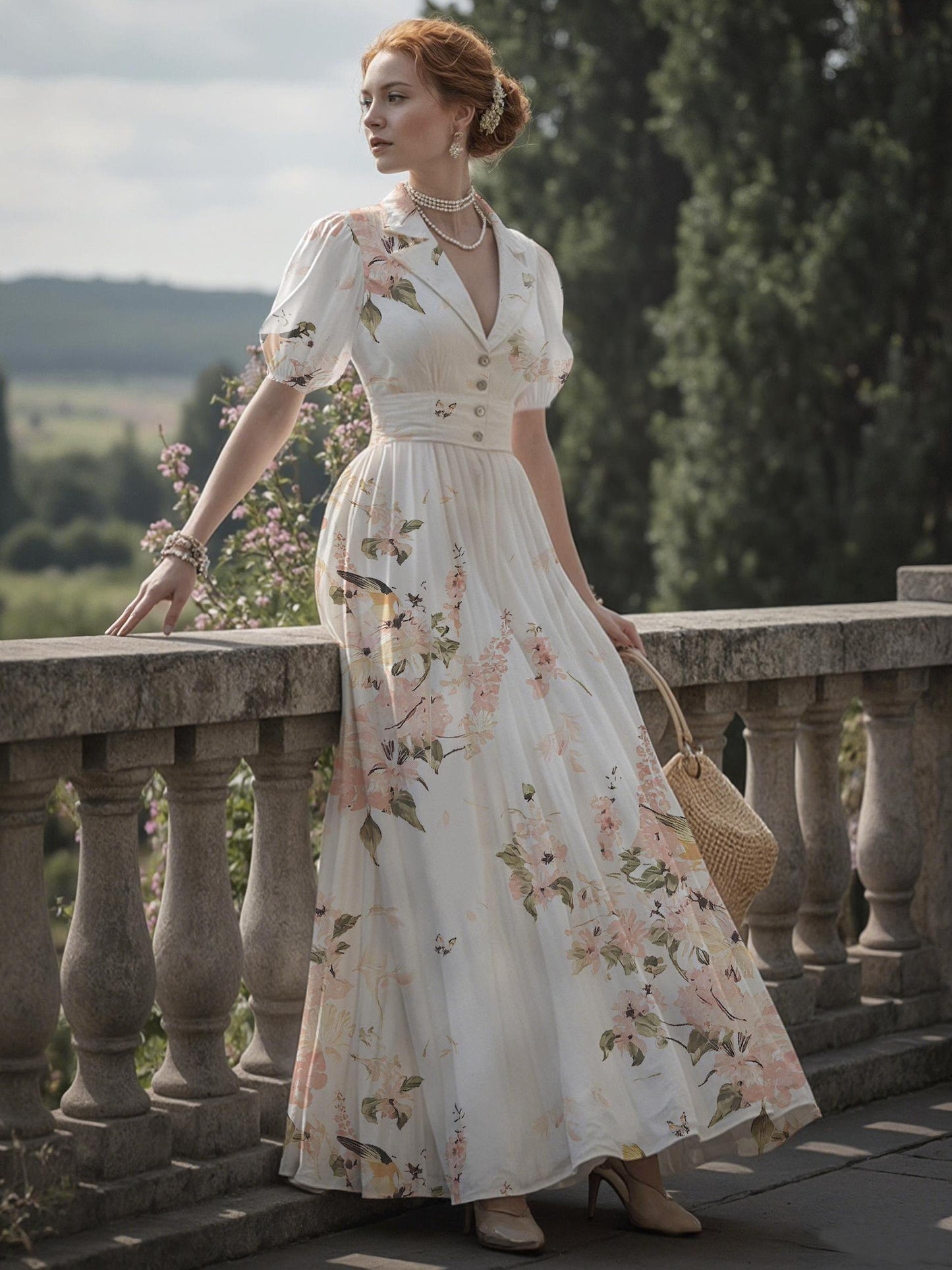 Robe longue en lin, manches ballon, col châle, fleurie, vintage, blanche