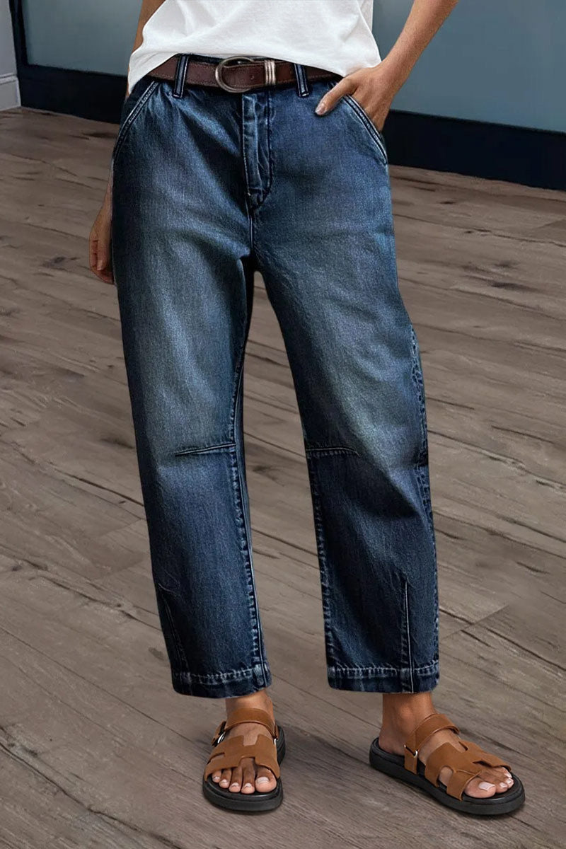 Wash Stitch Detail Mid Rise Barrel Leg Crop Jeans Without Belt
