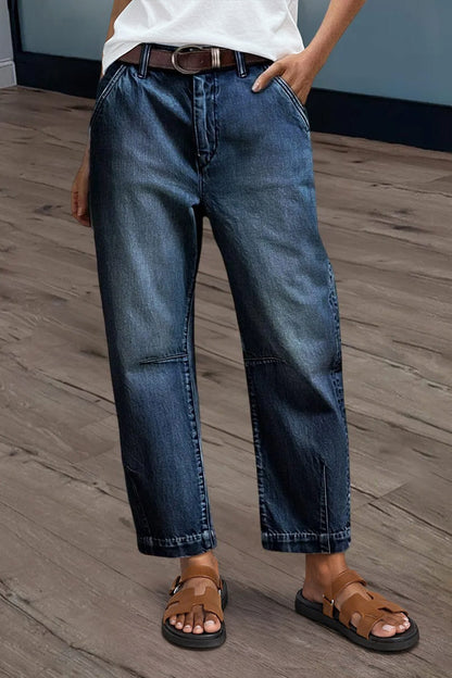 Wash Stitch Detail Mid Rise Barrel Leg Crop Jeans Without Belt